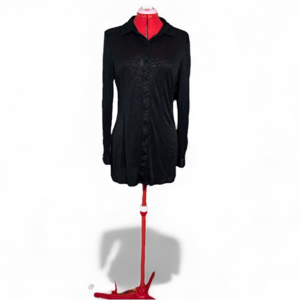 Isaac Mizrahi Black Semi-Sheer Burn Out Leaf Print Button Down Shirt Size 10